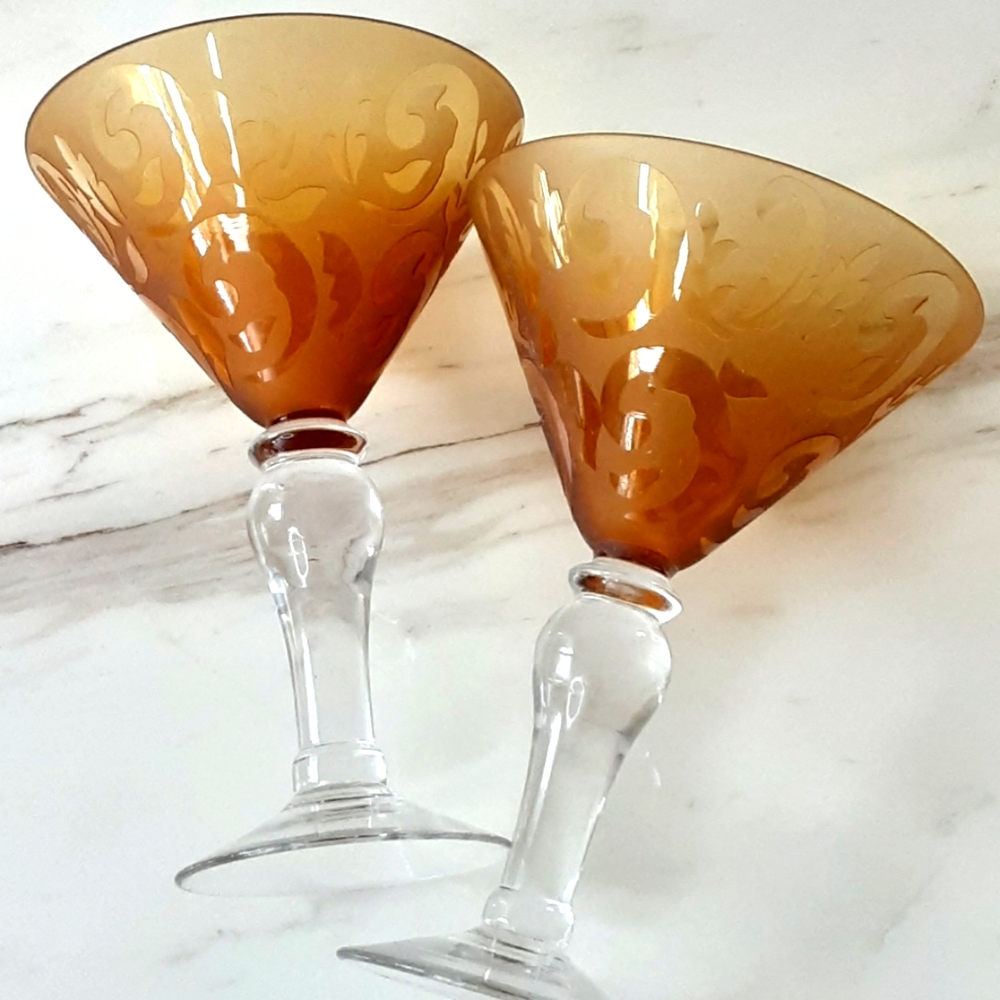MICHAEL WEEMS Style Amber Frosted Etched Martini Glasses Set of 2